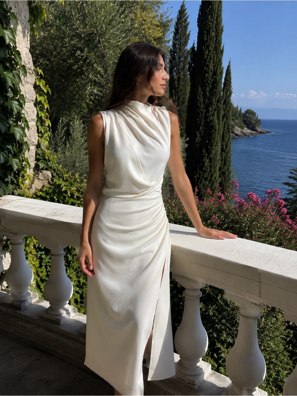 ELLIATT Genoa Ivory Asymmetric Draped Crepe Midi Dress Side Slit Size Small